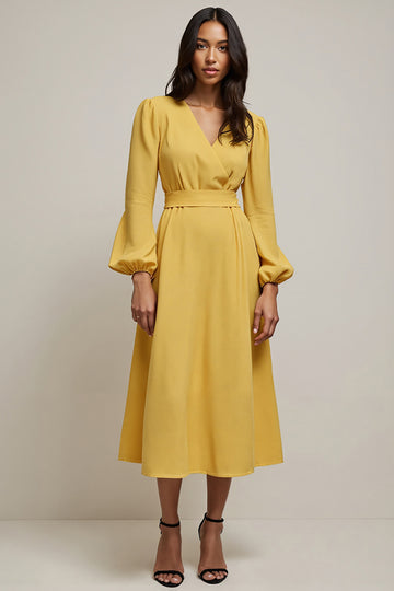 Yellow A Line Long Sleeve Wedding Guest Dress